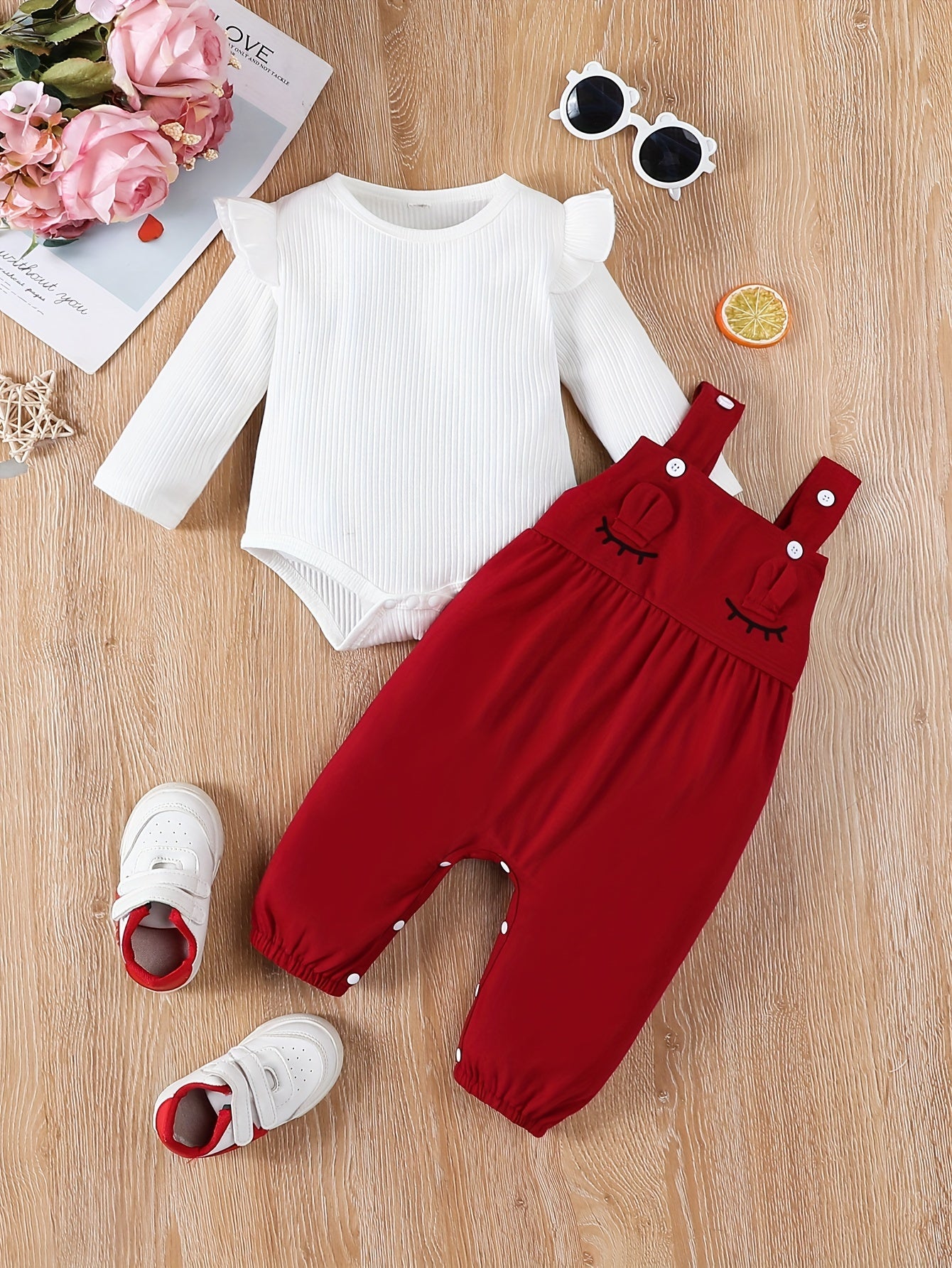 Girls' Two-Piece Suspender Bodysuit Set – Cute Triangle Design with 3D Ears, Autumn/Winter Outfit