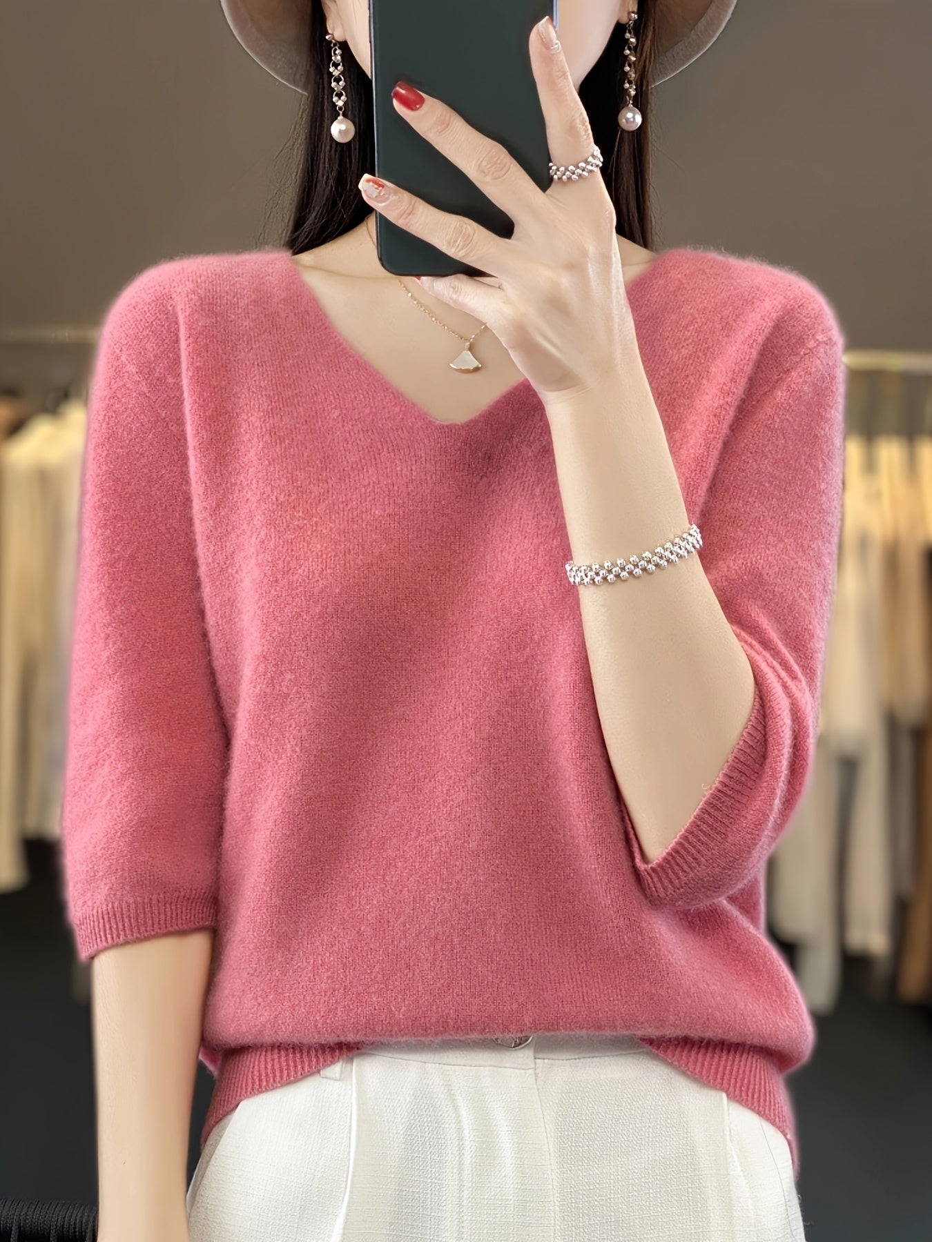 Women’s 100% Wool V-Neck Knit Sweater – Short Sleeve Lightweight Pullover for Casual Layering