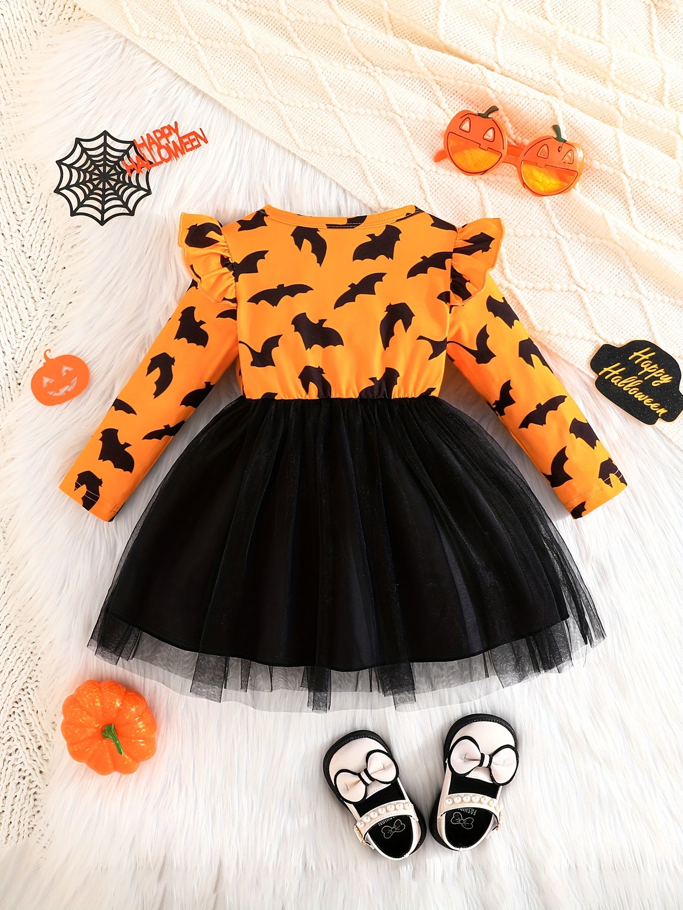 🦇 Girls’ Halloween Bat Dress – Long Sleeve Tulle Skirt