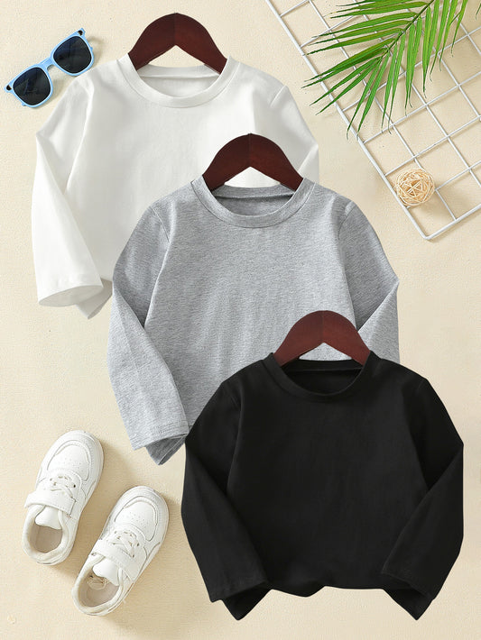 Kids’ 3PCS Cotton Long Sleeve Tops – Casual Spring/Autumn Outfit, Round Neck