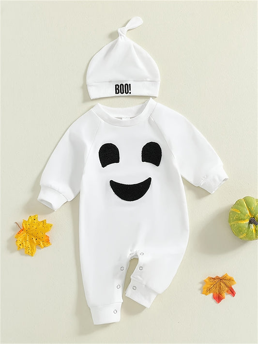 🎃 Boys' Halloween Bodysuit & Hat Set – Embroidered Long Sleeve Romper for Newborns