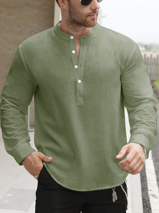 Lightweight Men’s Retro Shirt – Stand Collar Half-Sleeve, Solid Color with Bamboo Pattern