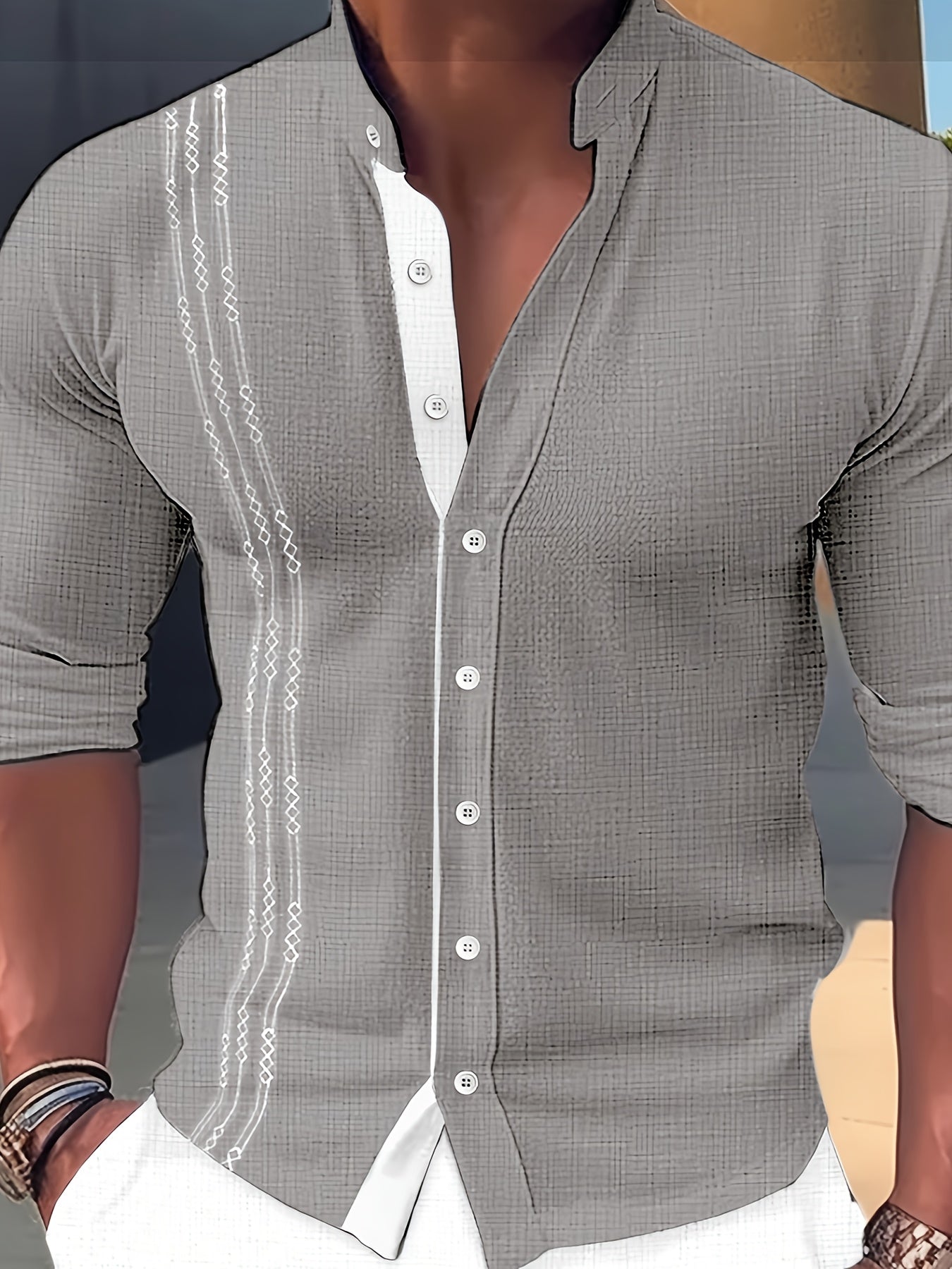 Men’s Stand Collar Button-Up Shirt – Long Sleeve Casual Dress Shirt, Regular Fit for Spring/Fall