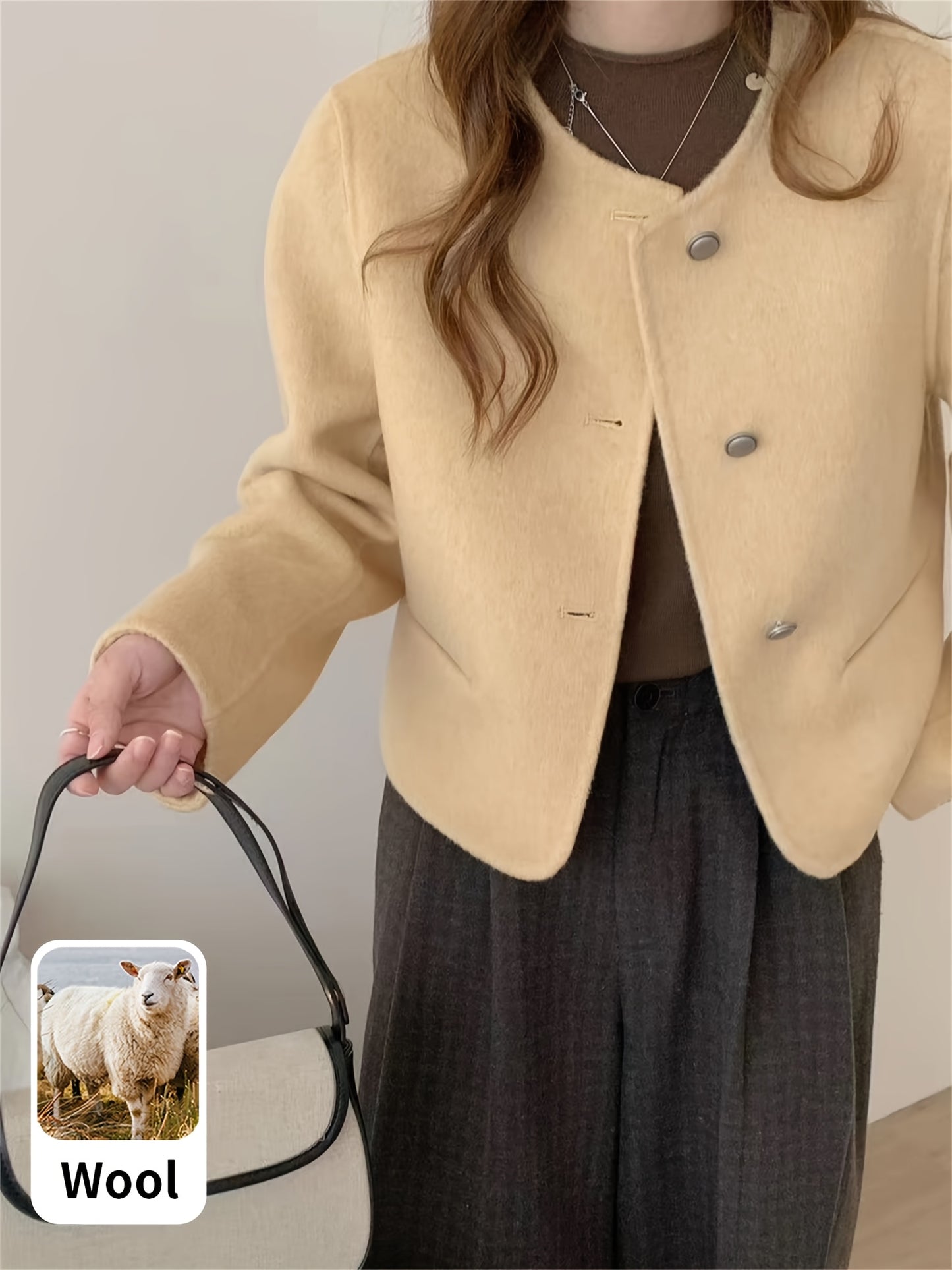 Women’s Wool Tweed Jacket – Cropped Cardigan with Buttons & Pockets, Chic Fall/Winter Fashion