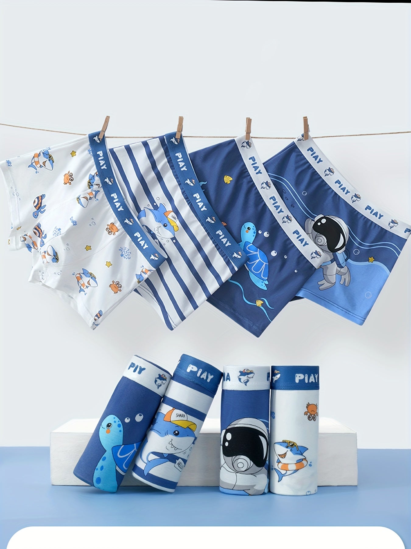 Boys' Cartoon Underwater Boxer Briefs 4pcs – Soft Cotton, Marine Life Print
