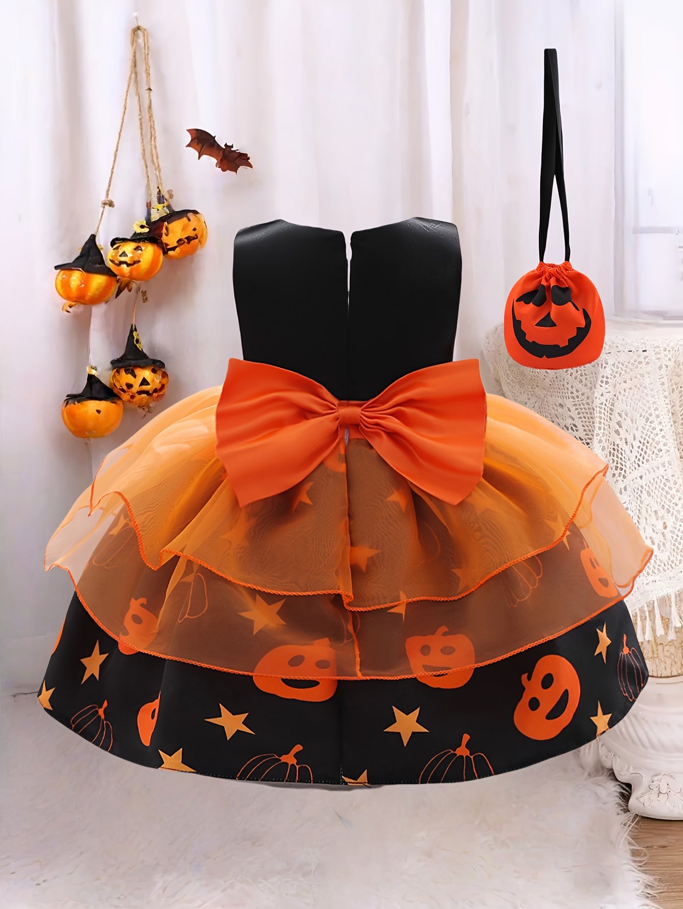 🎃 Girls’ Pumpkin Dress Set – Dress & Tote Bag for Halloween