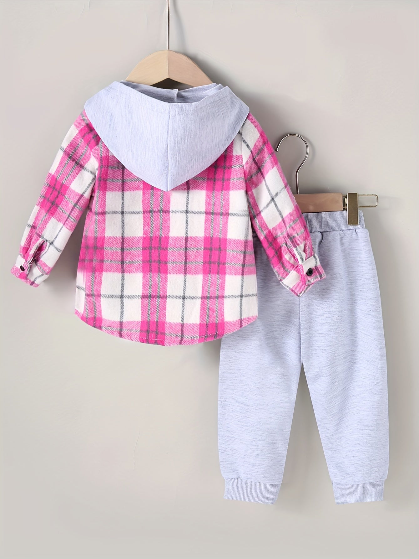 Girls’ 2PCS Outfit – Plaid Hooded Cardigan & Long-Sleeve Shirt with Pants, Cozy All-Season Wear