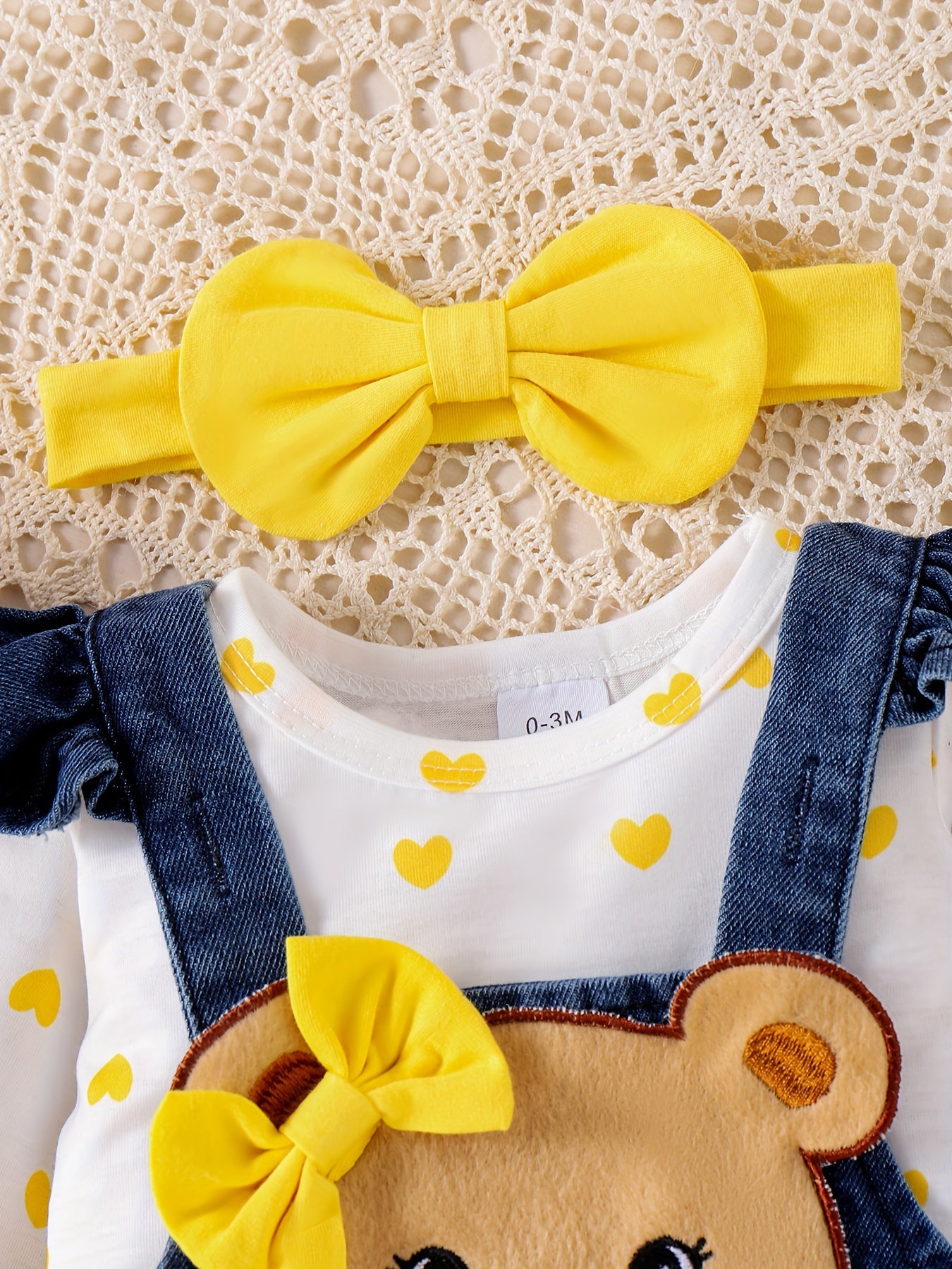 Baby Girl Two-Piece Outfit – Bear Romper & Denim Strap Pants, 0-18 Months