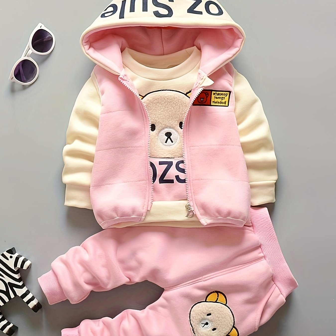 Girls’ 3PCS Winter Outfit – Fleece Hooded Top, Pants & Hat Set, Warm Outdoor Wear
