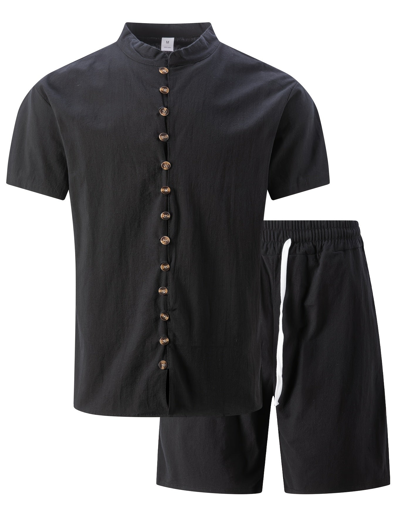Men's Cotton Casual Two-Piece Set – Stand Collar Short Sleeve Shirt & Elastic Waist Shorts, Summer Beach or Workwear Outfit