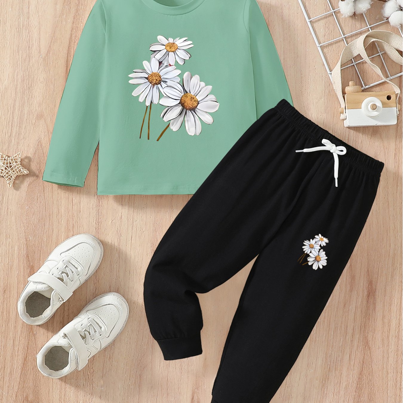 Girls’ 2PCS Outfit – Floral Print Long Sleeve Tee & Joggers, Comfy Fall/Winter Wear