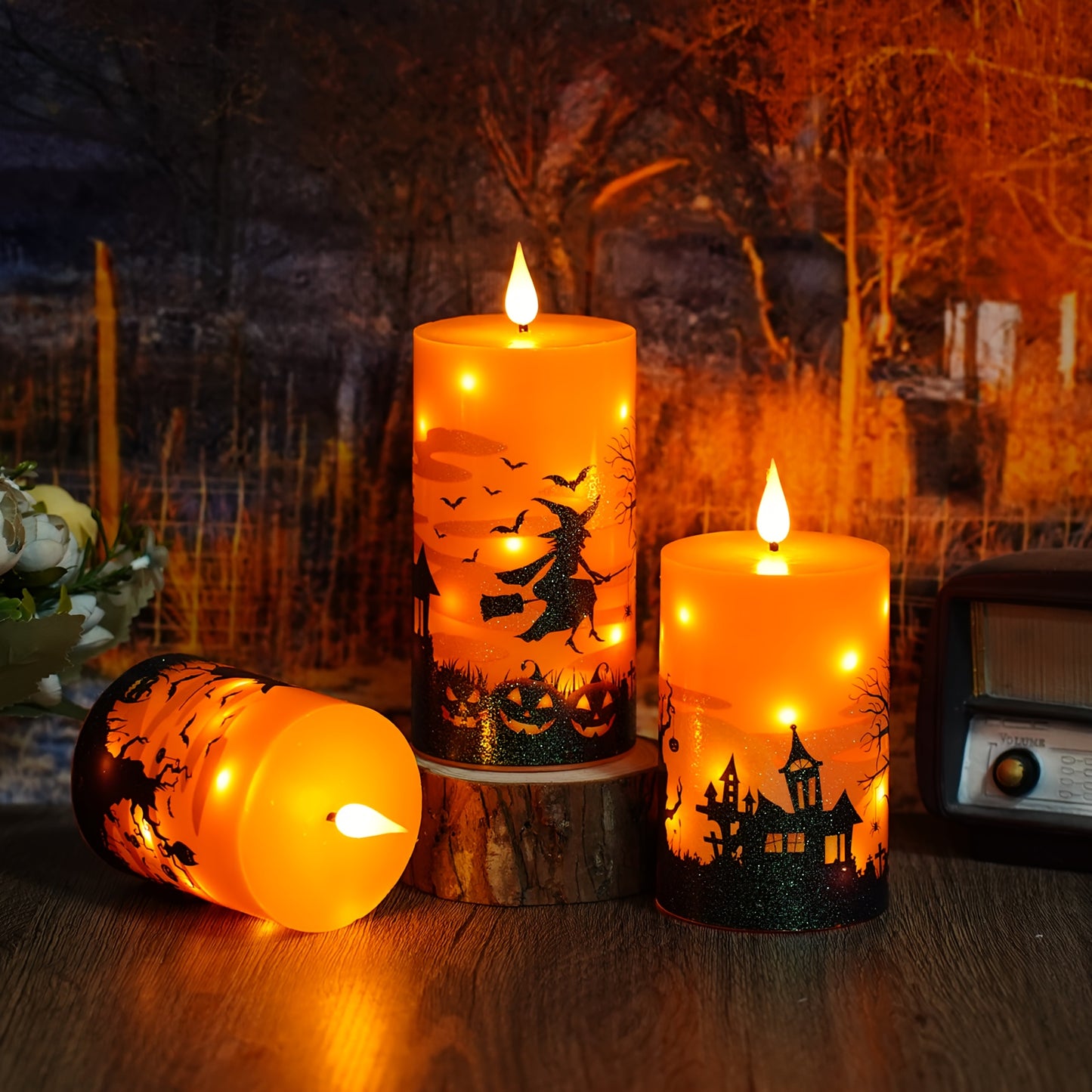 🕯️ 3pcs Halloween Candles – Glittery Witch Hat & Haunted House