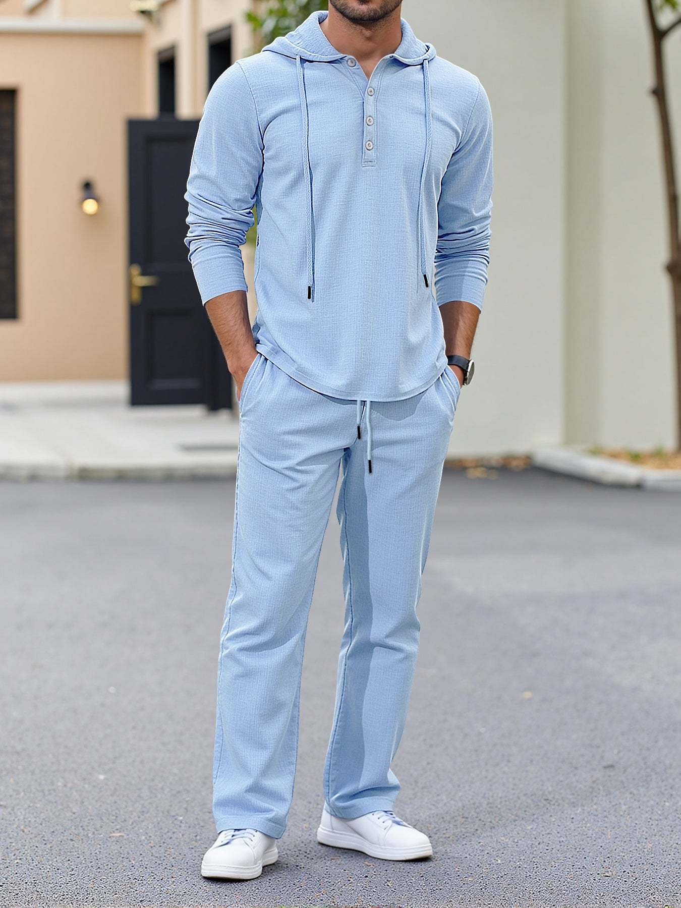Men’s Summer Linen 2pcs Set – Hooded Long Sleeve Shirt & Drawstring Pants