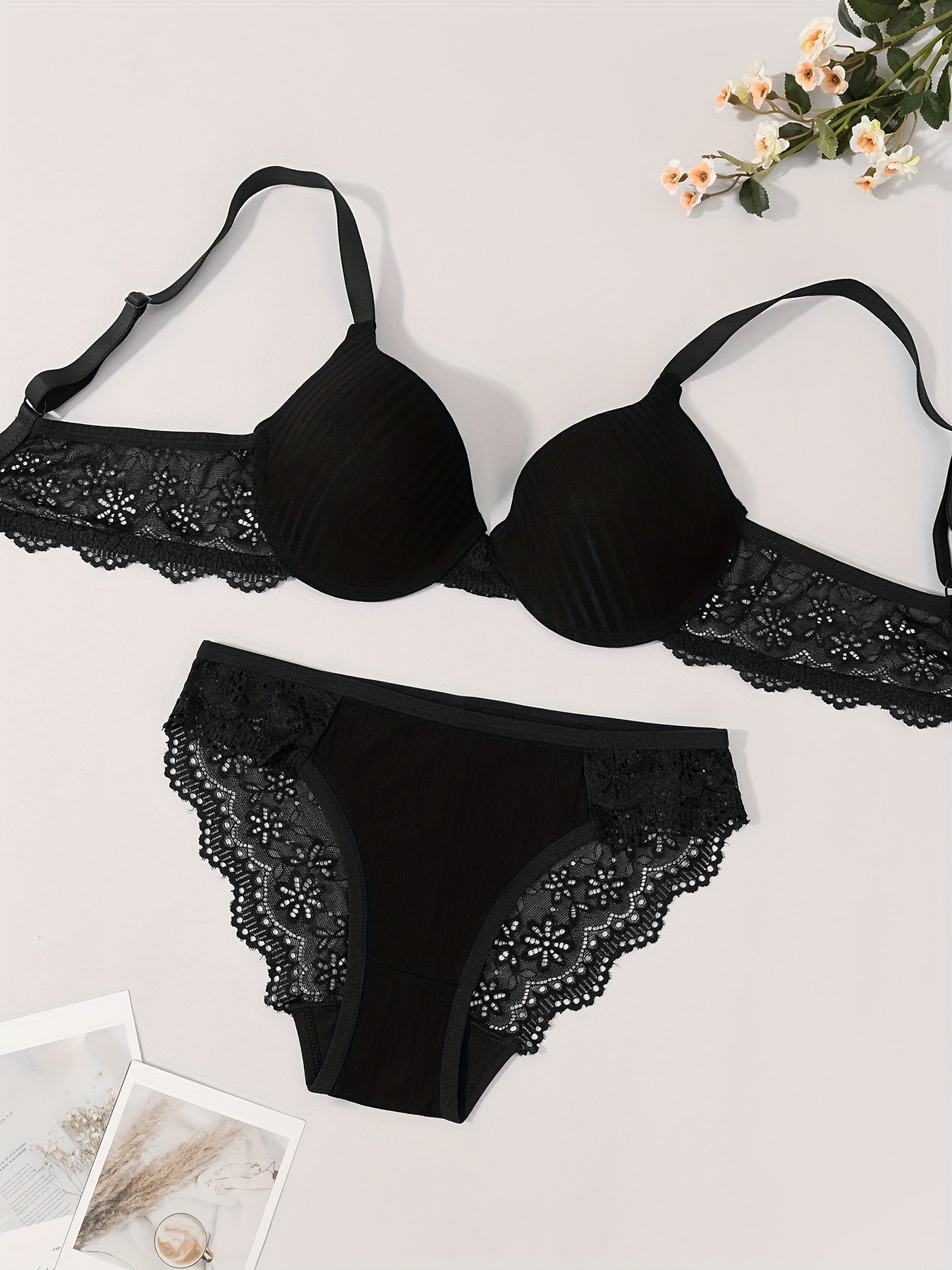 Women’s Bra & Panty Set – Push-Up Lingerie with Lace Trim, Sexy & Elegant Date Outfit