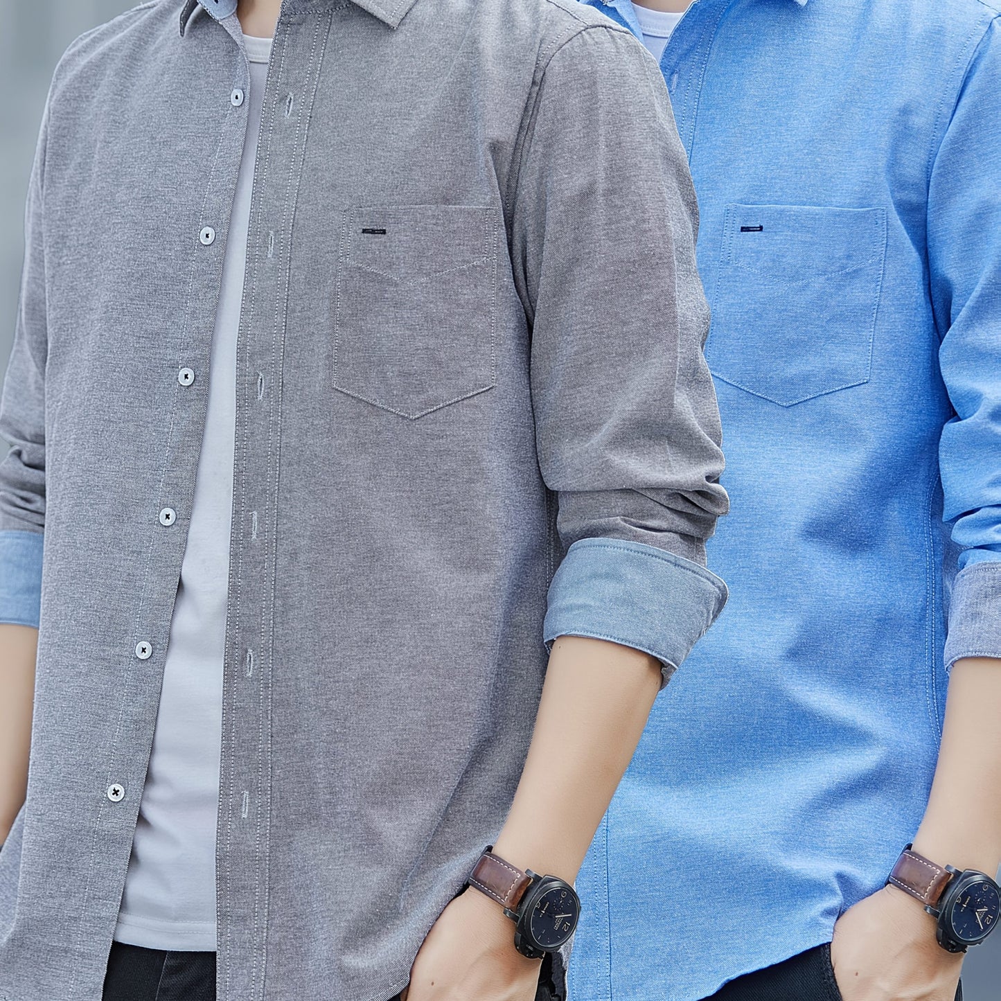 Men's Casual Button-Up Shirt with Contrast Cuffs & Chest Pocket – Embroidered Long Sleeve 2pcs Set, All-Season Wear