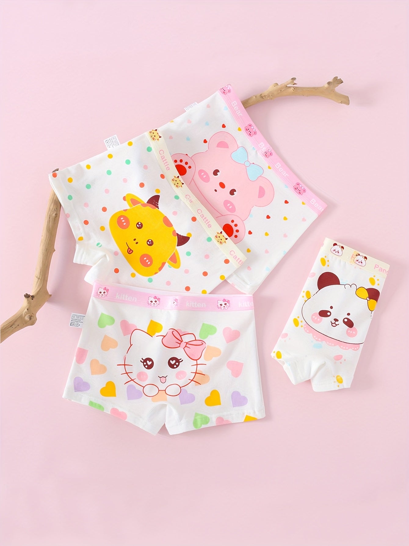4pcs Girls' Cartoon Animal Boxer Briefs – Soft Cotton, Comfortable Everyday Underwear for Kids