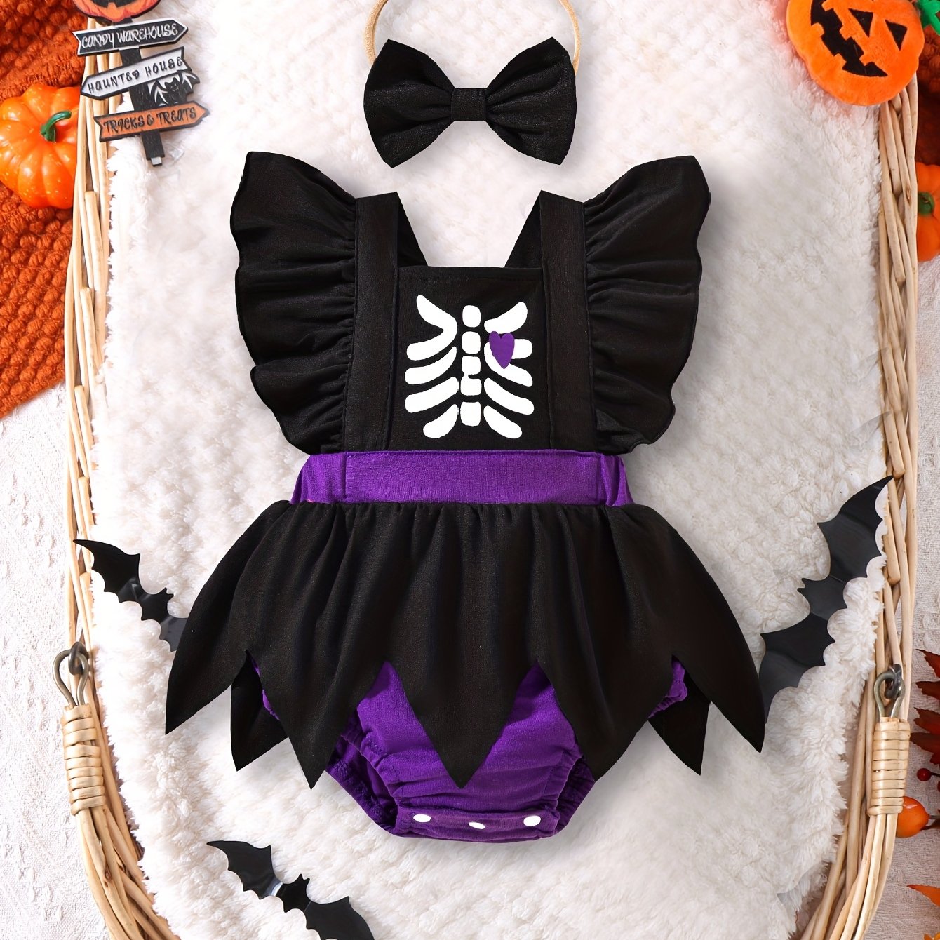 🎃 Girls' Halloween Outfit – Black Printed Bodysuit + Bow Headband | Cozy Fall/Winter Wear