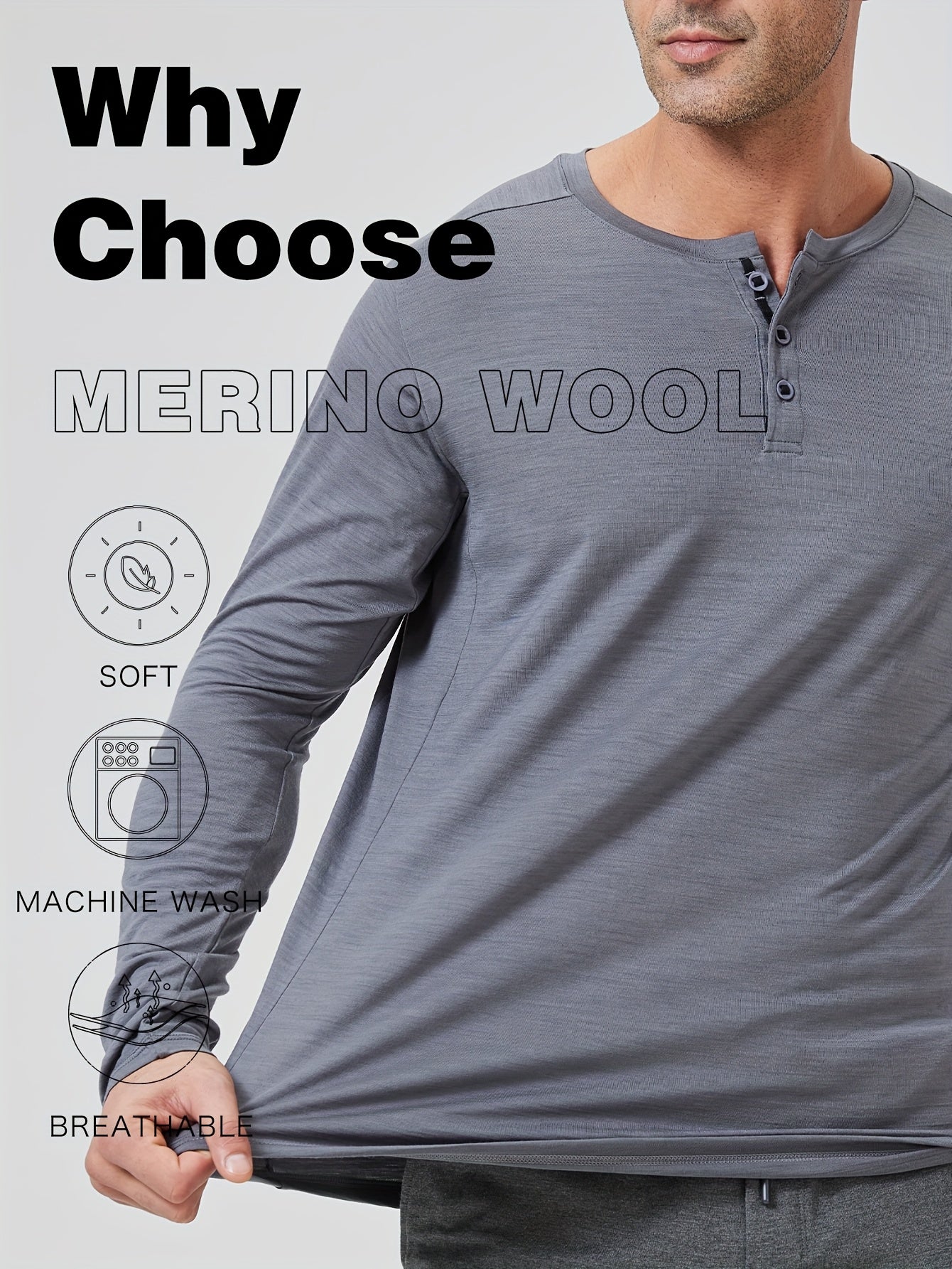 Men's Merino Wool Quick-Dry Long-Sleeve Henley Thermal Base Layer – Autumn/Winter Skiing Essential