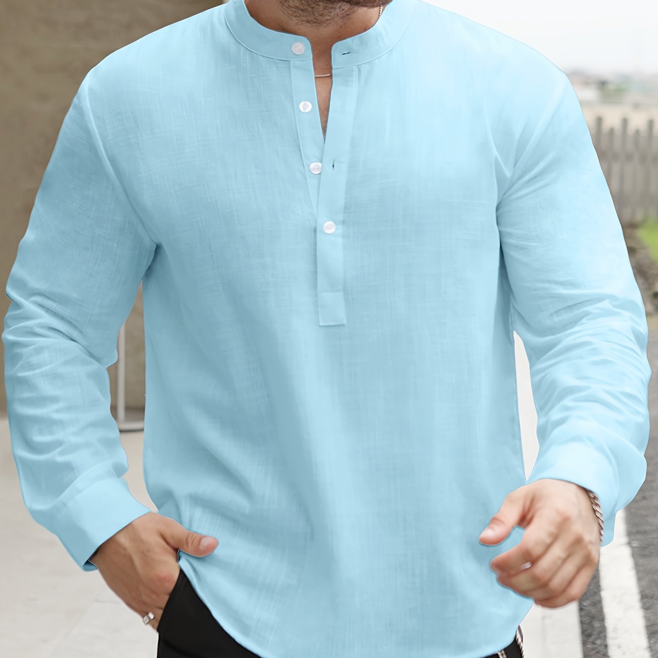Lightweight Men’s Retro Shirt – Stand Collar Half-Sleeve, Solid Color with Bamboo Pattern