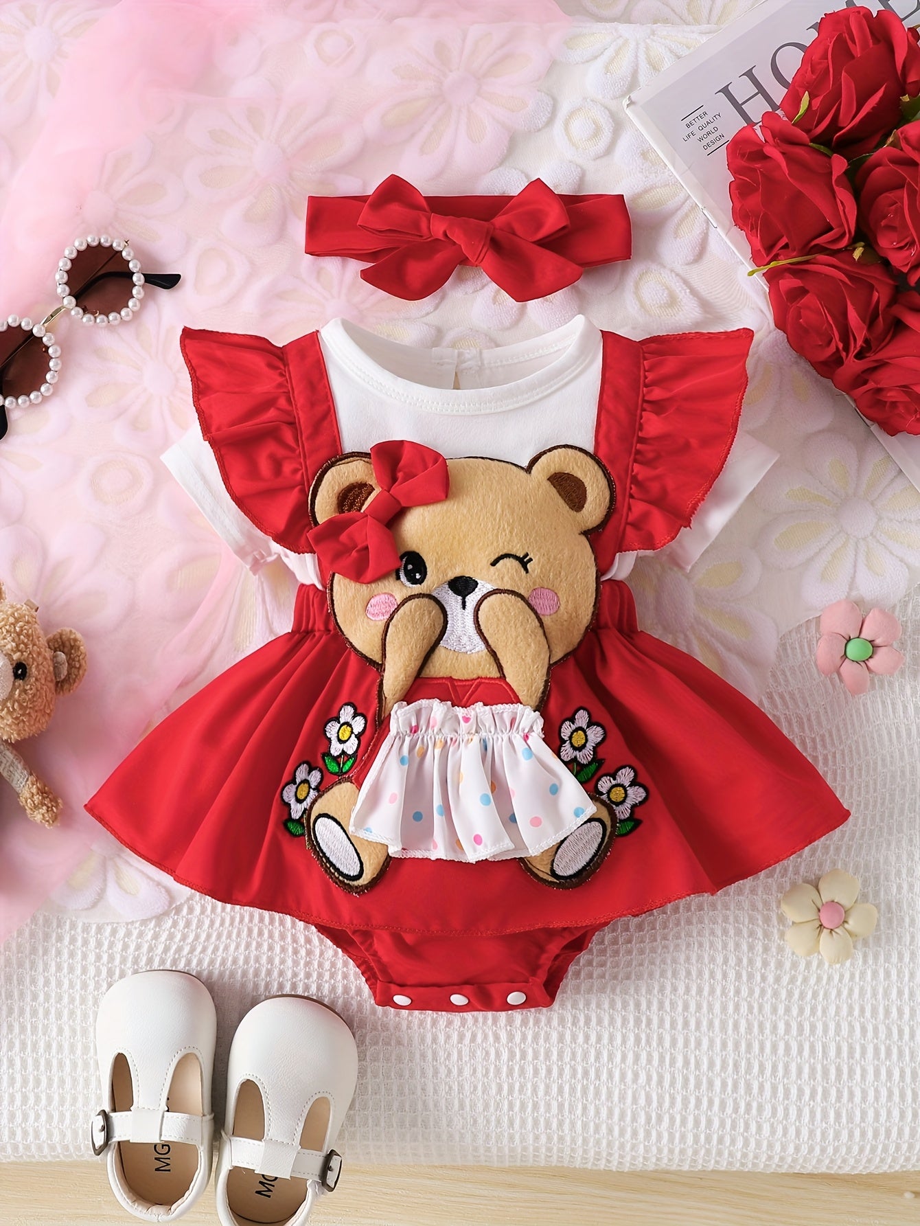 Baby Girl Bear Embroidered Bodysuit – Short Sleeve Romper with Ruffle Sleeves & Matching Bow