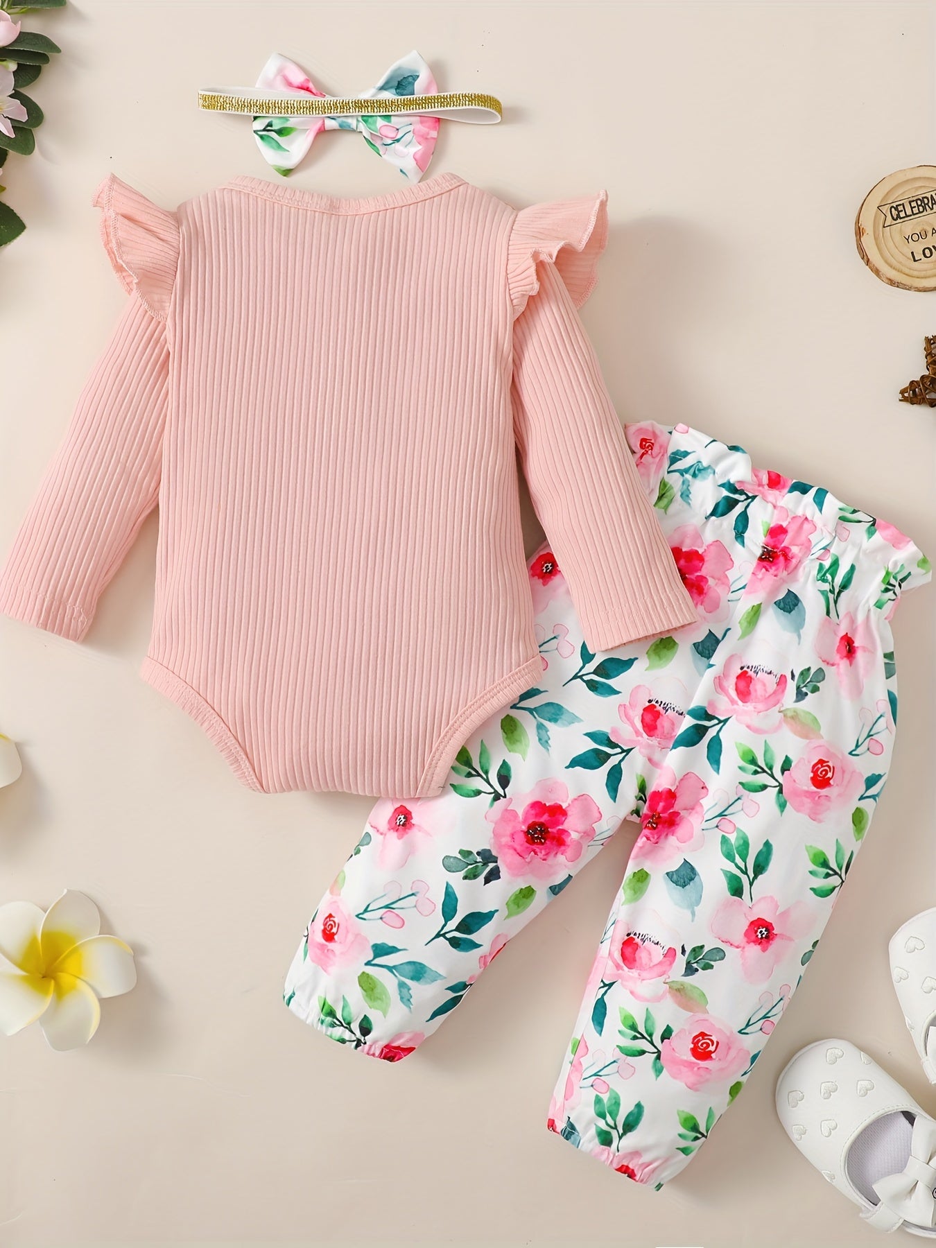 Girls’ 3PCS Outfit – Long Sleeve Top, Floral Pants & Headband Set for Outdoor