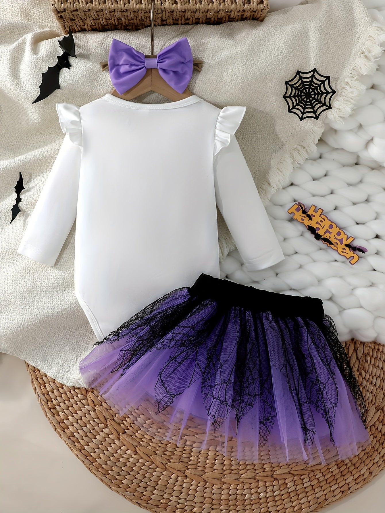🕷️ Baby Girl Witch Outfit – Spider Bow Bodysuit & Black-Purple Mesh Skirt, Cute Halloween Costume
