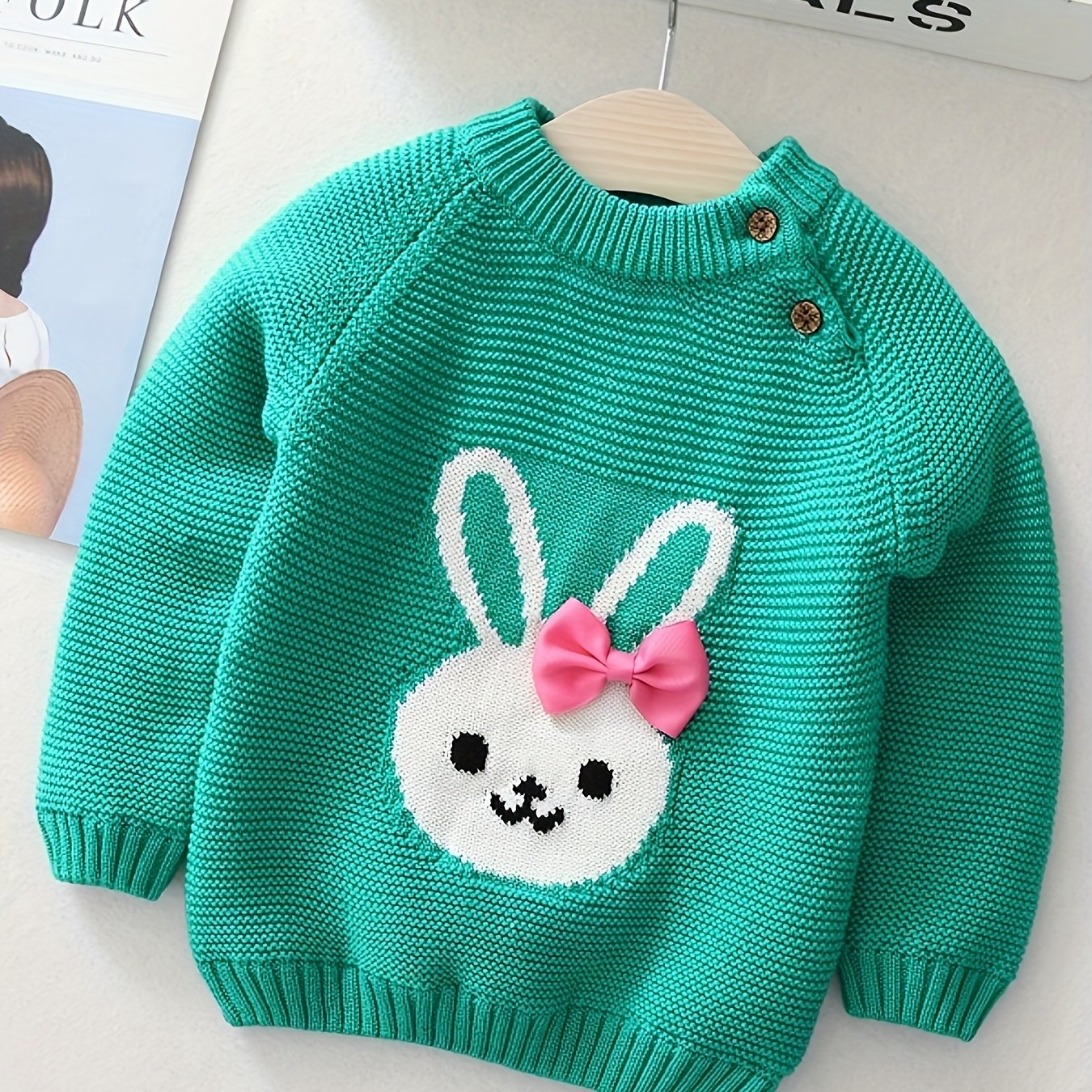 🐰 Girls’ Bunny Bow Sweater – Cozy Fleece Winter Pullover