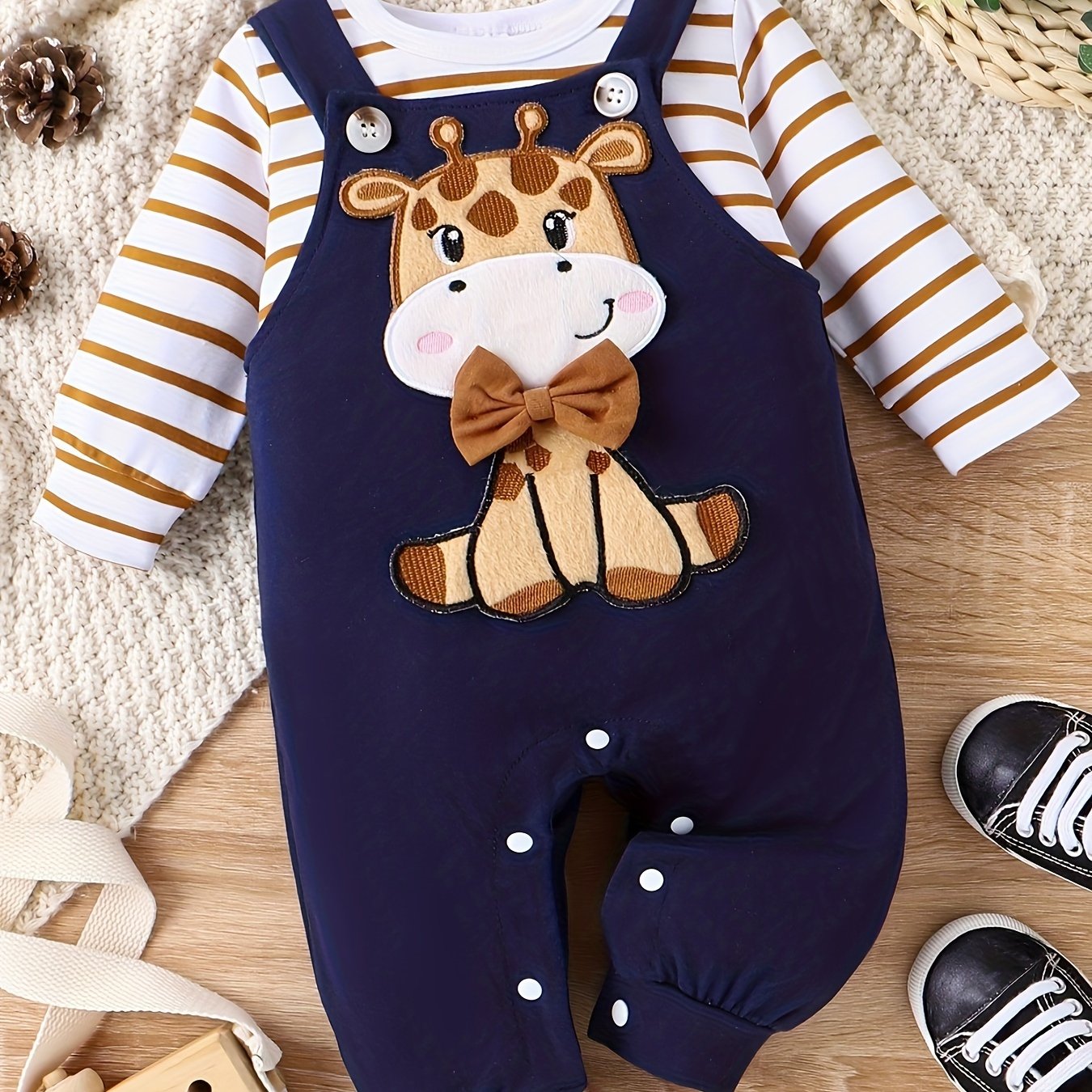 Baby Boy Fall/Winter Romper Set – Long Sleeve Stripe Bodysuit with Adjustable Suspender Pants, 0-18 Months