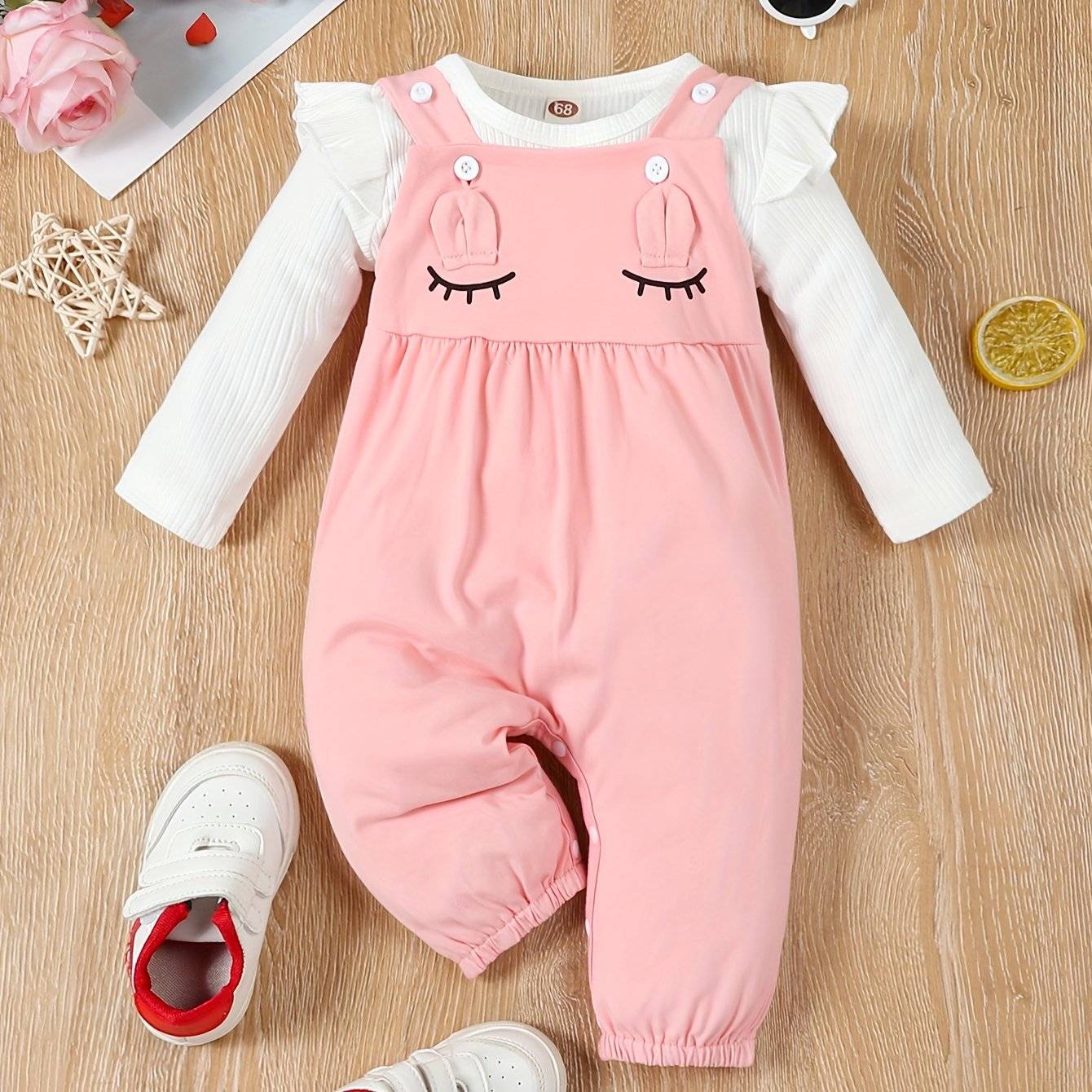 Girls' Two-Piece Suspender Bodysuit Set – Cute Triangle Design with 3D Ears, Autumn/Winter Outfit