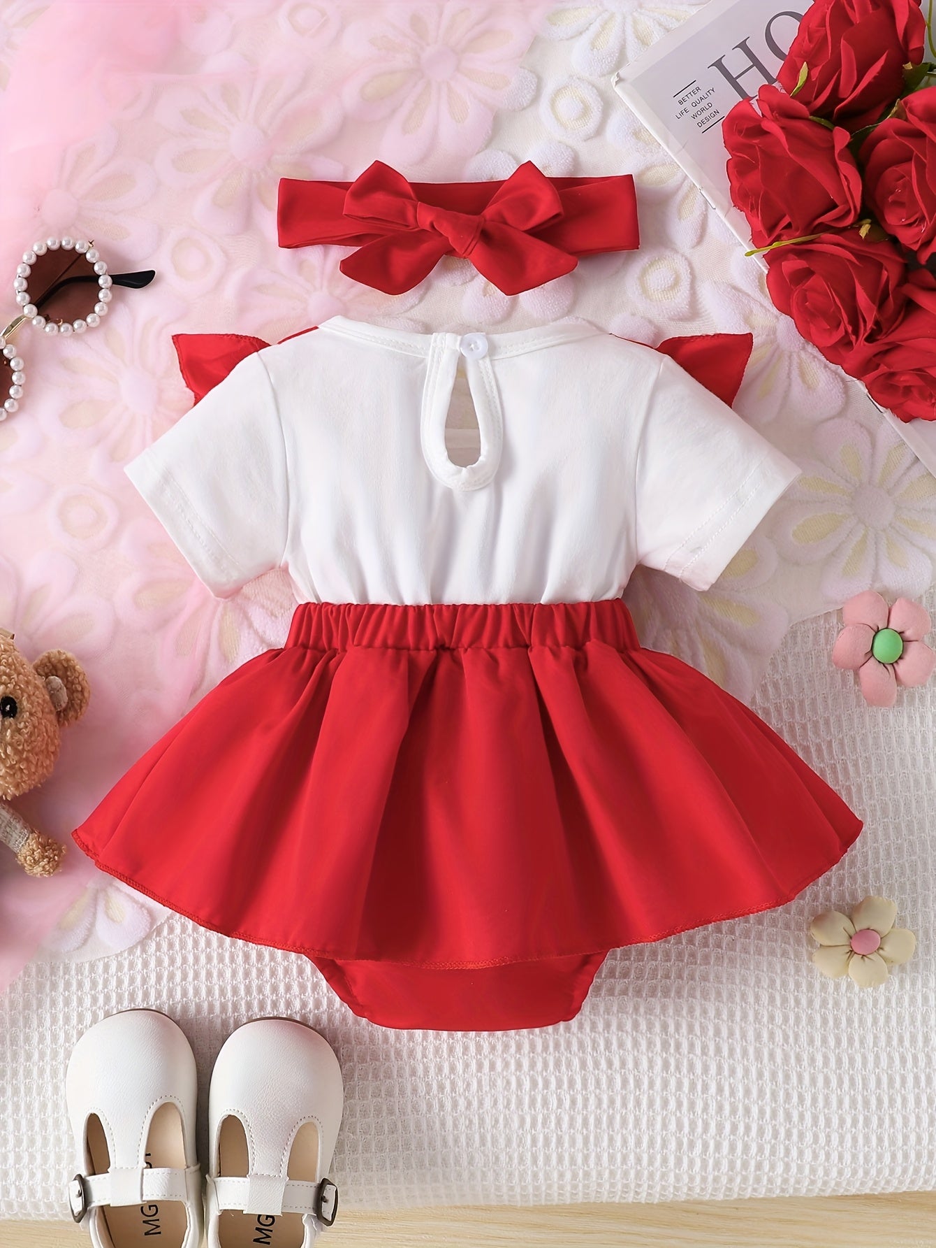 Baby Girl Bear Embroidered Bodysuit – Short Sleeve Romper with Ruffle Sleeves & Matching Bow
