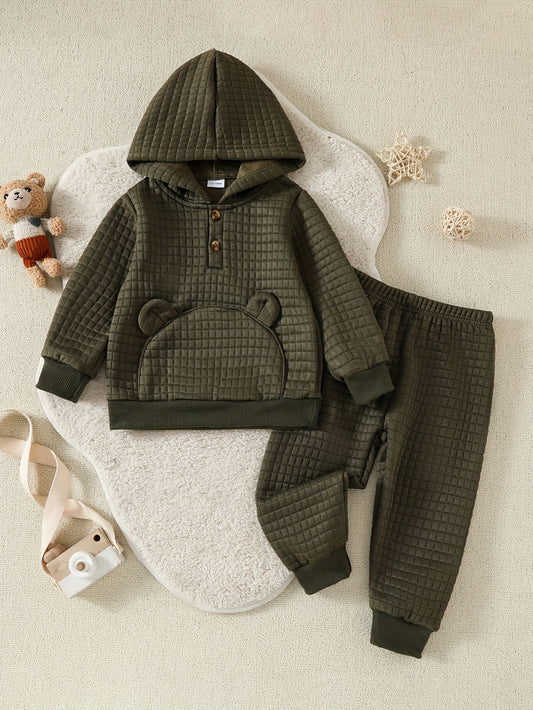 Baby Boy Solid Color Autumn/Winter Long Sleeve Top & Pants Set with Large Pocket – Comfortable Outfit for Outdoor