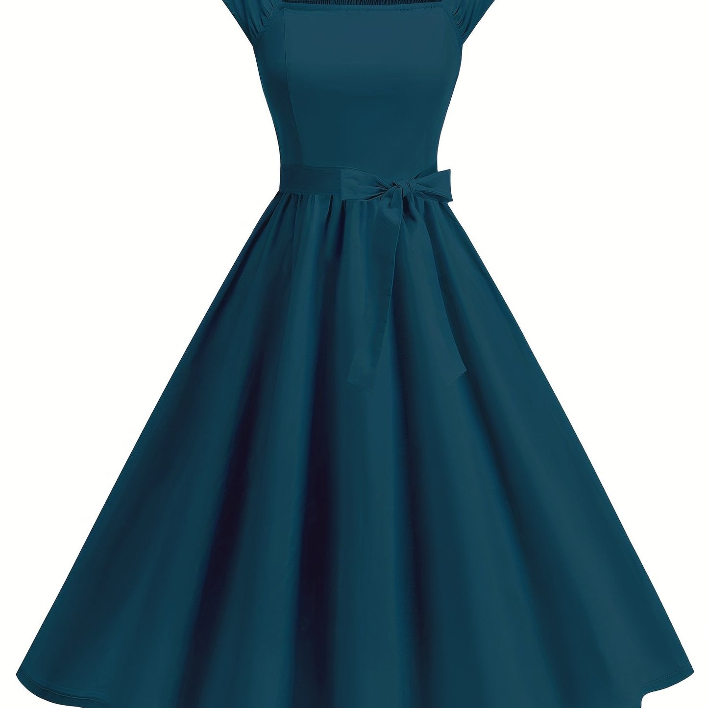 Women’s Retro Dress – Ruffled Hem, Bow Detail, Square Neck & Cinched Waist, Perfect for Spring/Summer/Fall