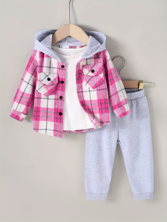 Girls’ 2PCS Outfit – Plaid Hooded Cardigan & Long-Sleeve Shirt with Pants, Cozy All-Season Wear