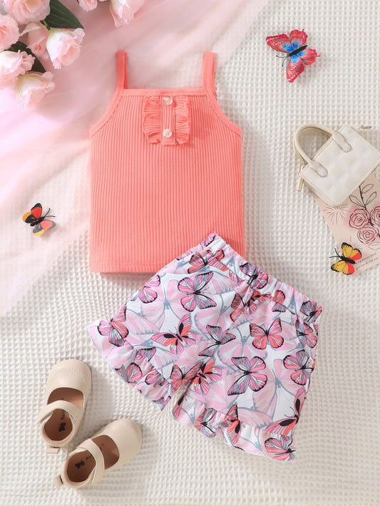Girls' Ribbed Cami Top & Elastic Waist Shorts Set – Casual Summer Outfit for Outdoor Play