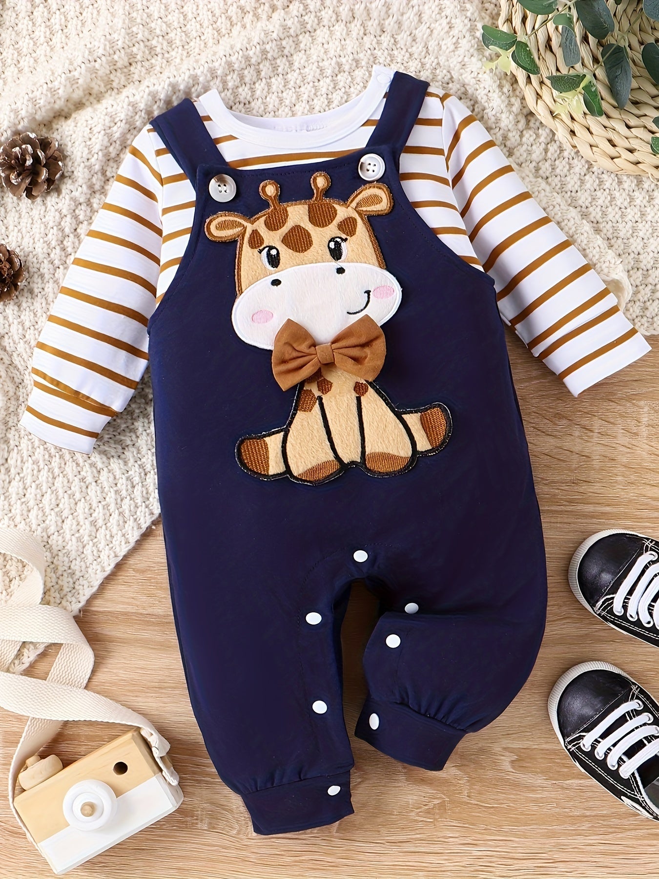 Baby Boy Fall/Winter Romper Set – Long Sleeve Stripe Bodysuit with Adjustable Suspender Pants, 0-18 Months