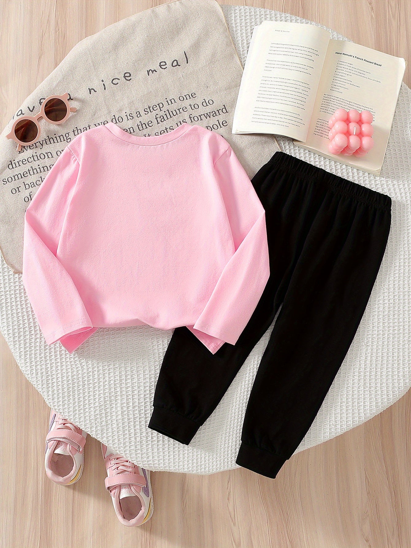 Girls’ 2PCS Outfit – Cat Print Long Sleeve Tee & Wide-Leg Pants, Spring/Fall Casual Wear