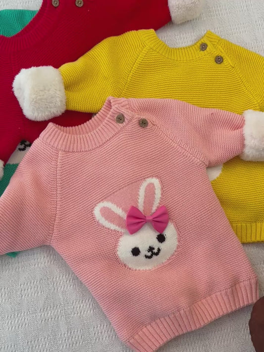🐰 Girls’ Bunny Bow Sweater – Cozy Fleece Winter Pullover